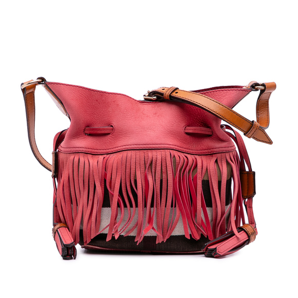 Pre-Loved Burberry Small Mega Check Canvas and Suede Fringe Belgrove Bucket Bag - Picture 1 of 12